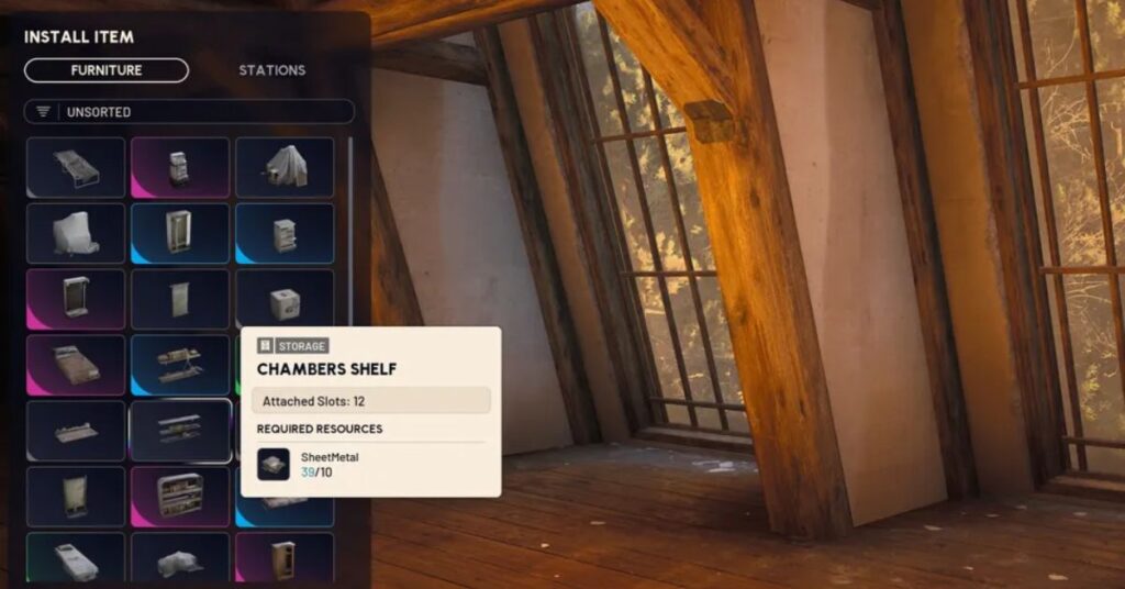 Arc Raiders player decorating furniture to store weapons and items in the outpost