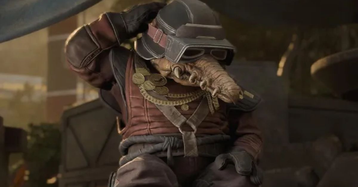 Biddy Blas, the crocodile-like alien racer, looking bashful in Star Wars: Galactic Racer