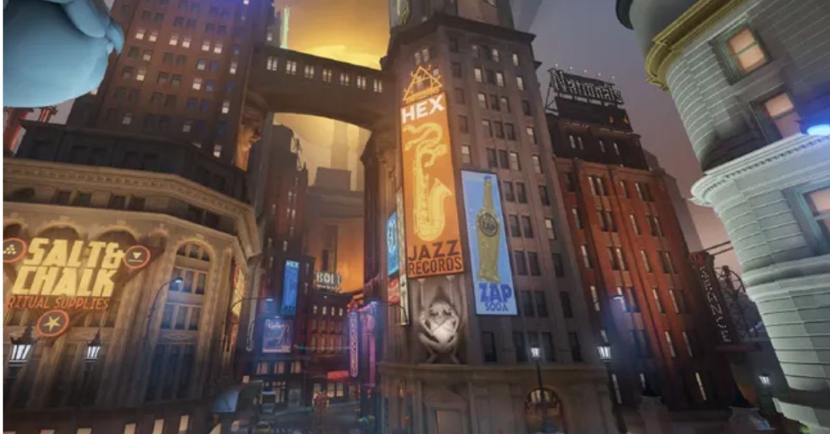 Deadlock’s Cursed Apple map showing a neon-lit 1950s Times Square-style Broadway lane in Valve’s haunted New York