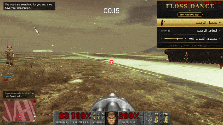 Demons and armed enemies fighting at a GTA 5 airport in Hell On Earth mode while a tornado approaches