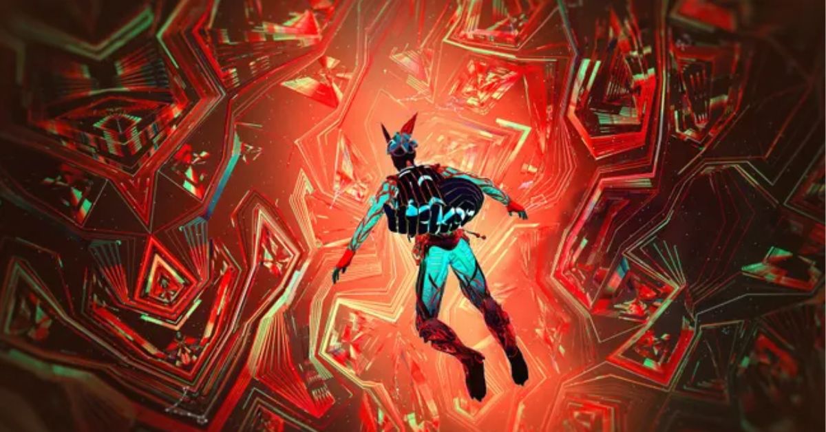 Etre protagonist Xyle floating in a colorful kaleidoscopic void inside the alien city of Orbis