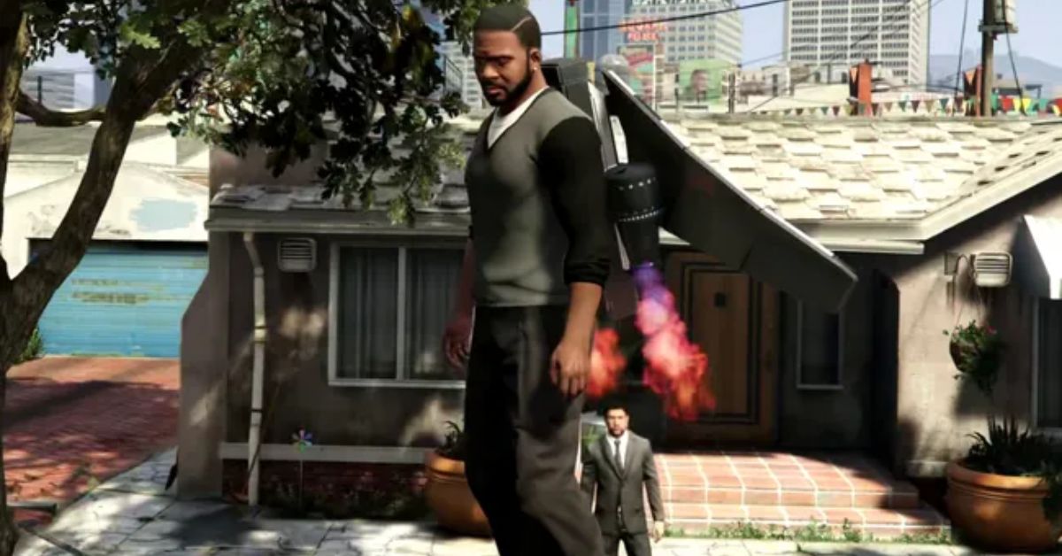 GTA 5 character flying over Los Santos with the Aerowing jetpack mod