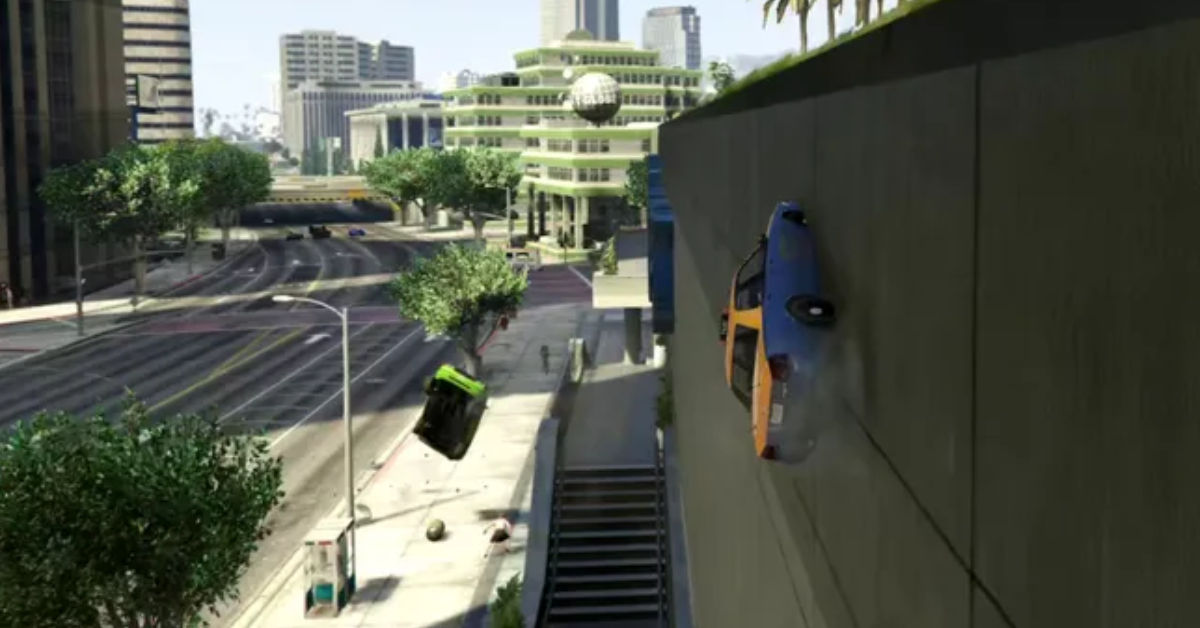Tiny toy-sized taxi driving through Los Santos streets in GTA 5 after using the Toy Cars mod