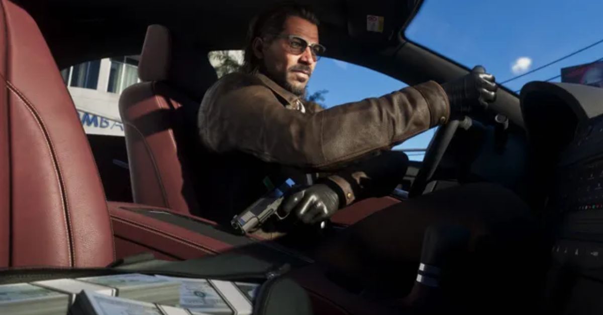 GTA 6 promotional artwork from Rockstar Games with a leak warning concept, representing the Cyberleek dead man’s switch threat against Take-Two