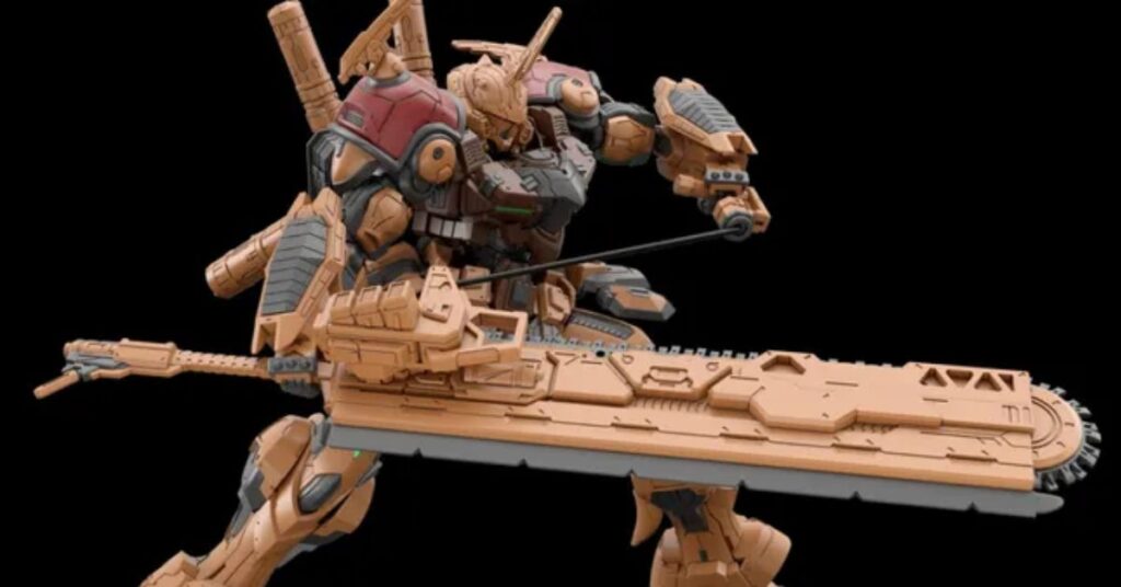 HG 1/144 Bau Bahlam Gundam model kit posed revving its chainsaw macuahuitl