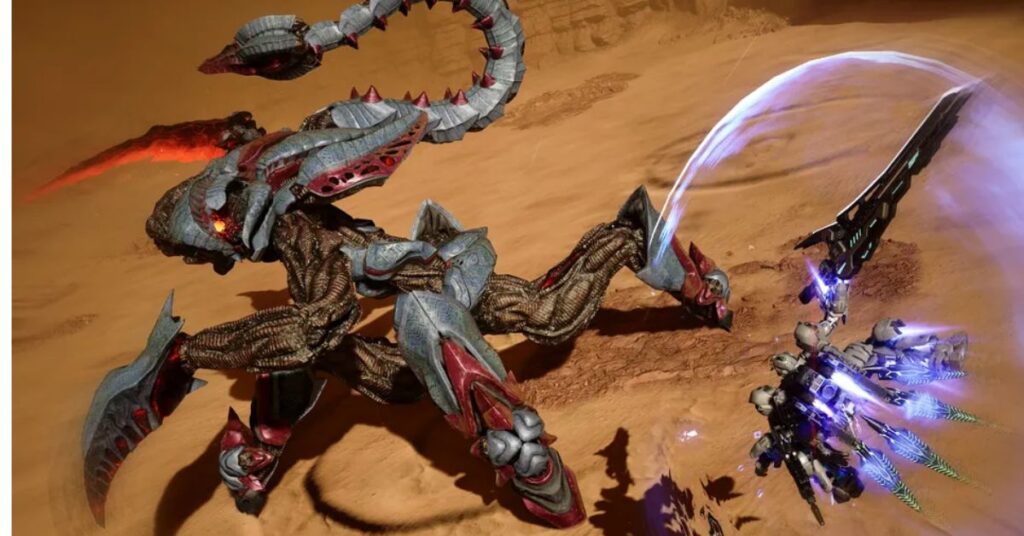 Gundam mobile suit fighting a giant scorpion-like creature in Gundam Rogue Orbit
