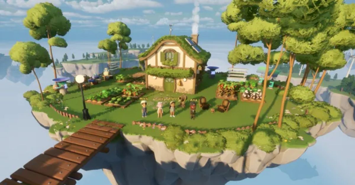 House on a floating sky island with players standing around it in the cozy solarpunk game Loftia