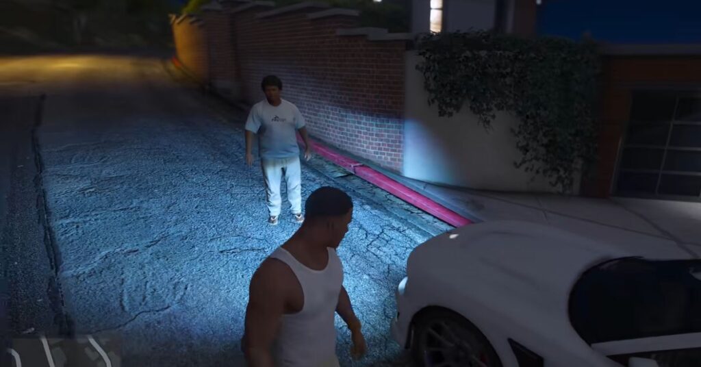 GTA 5 character performing a backflip in Los Santos using the Back Flip Mod on PC