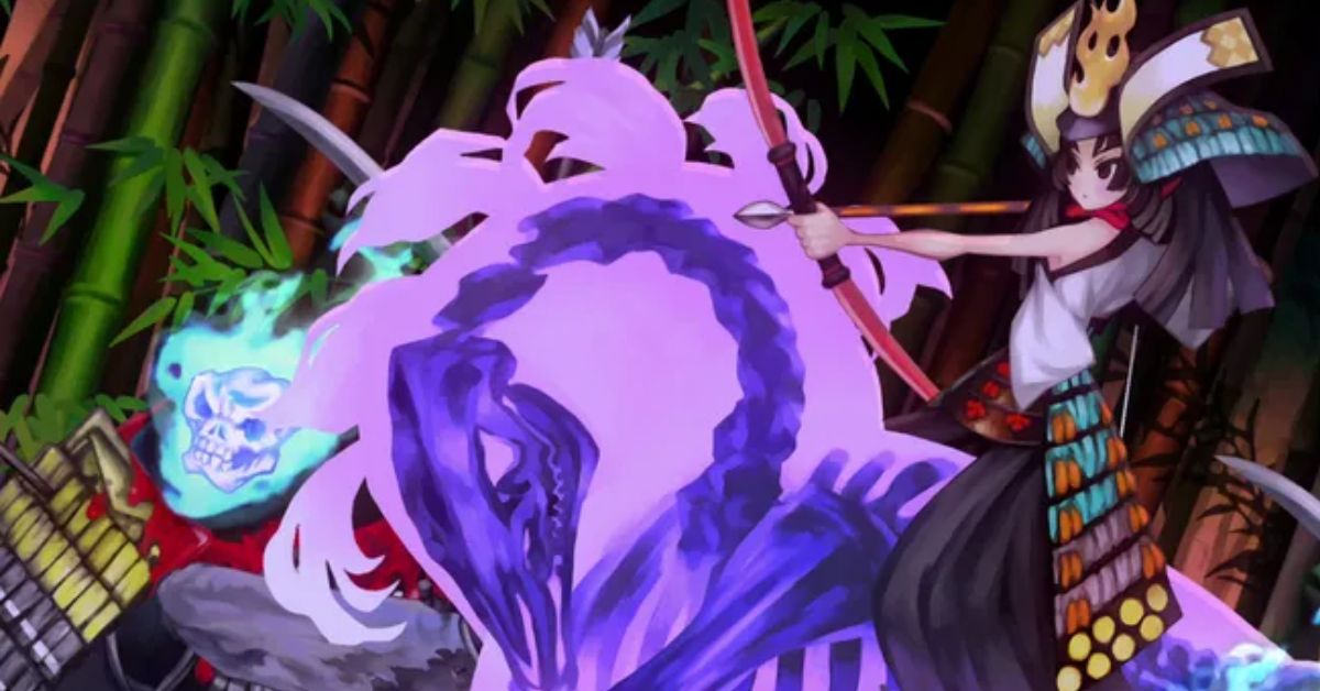 Muramasa: Revenant Blades hand-painted 2D action scene with a swordsman fighting enemies in a colorful Japanese landscape