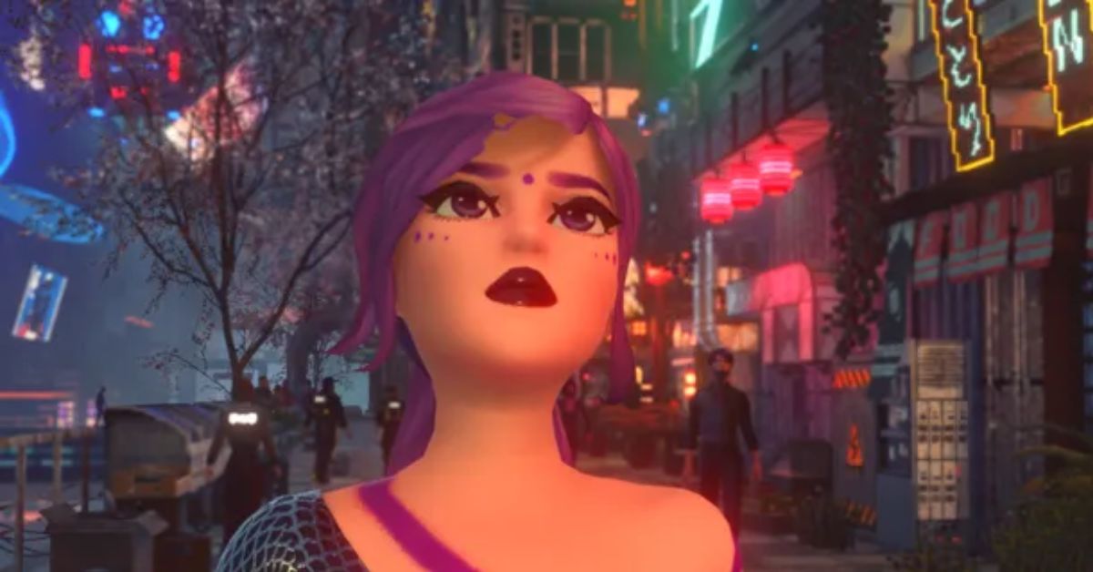 Nivalis Nights character looking up from a neon-lit cyberpunk city street
