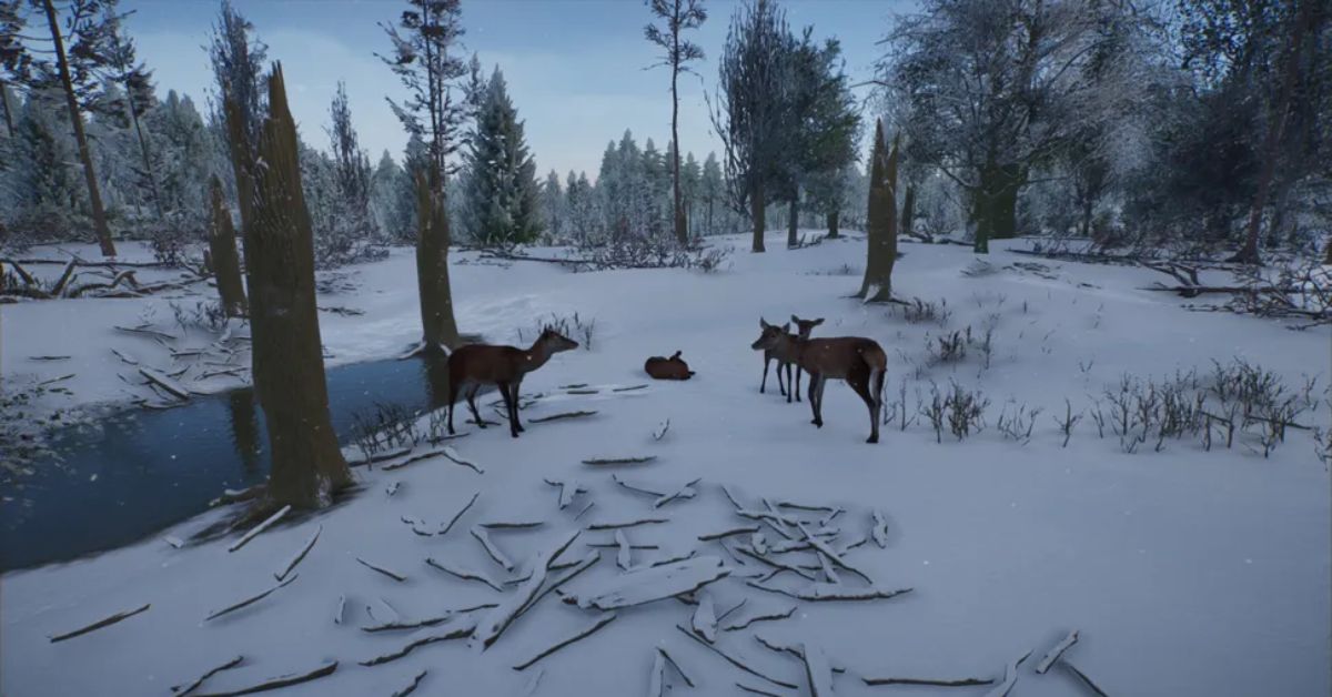 Planet Zoo 2 gameplay showing animals in a zoo habitat with a nature reserve