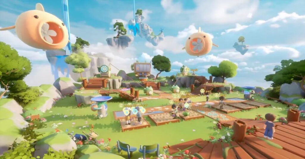 players standing around it in the cozy solarpunk game Loftia