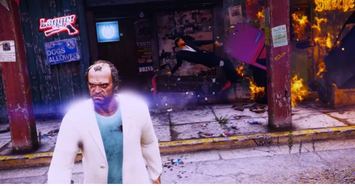 GTA 5 character in a lab coat with a flying saucer car in Los Santos from a Rick and Morty mod