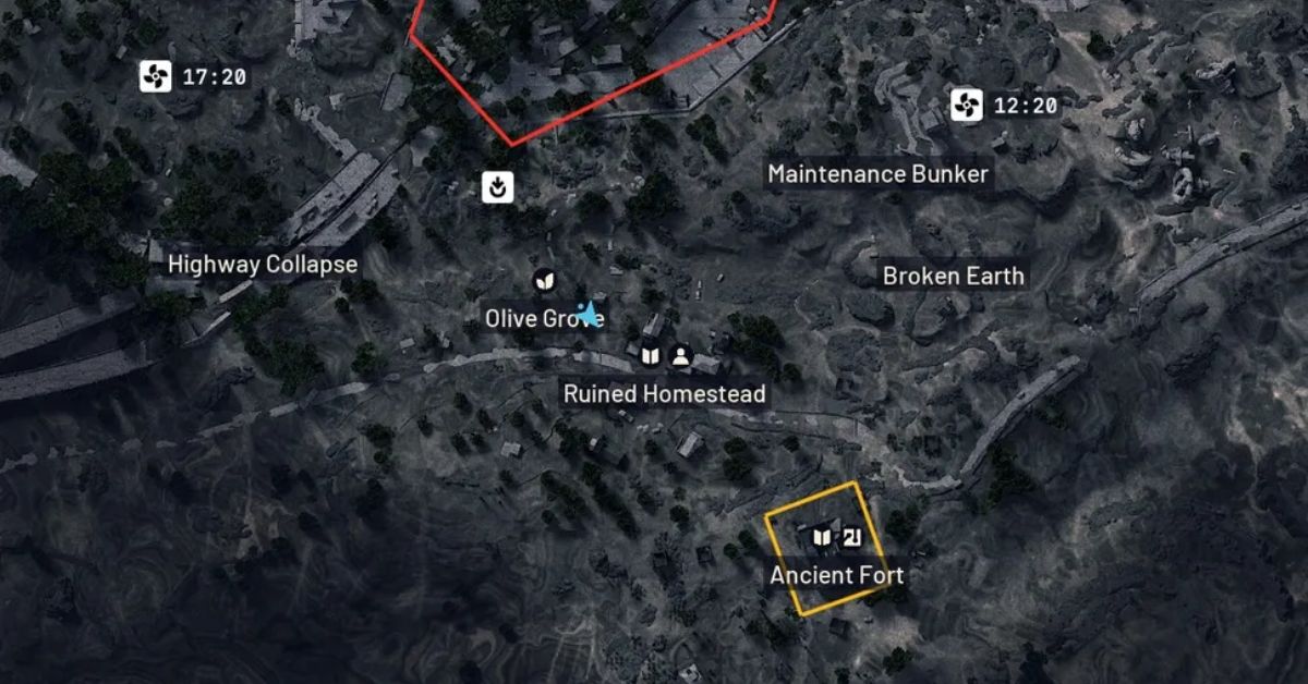 Arc Raiders Blue Gate map showing the Ruined Homestead location in the south near the Olive Grove