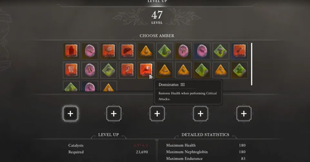 Featured image: Valor Mortis amber equip menu showing the empty slot at the lantern level up screen