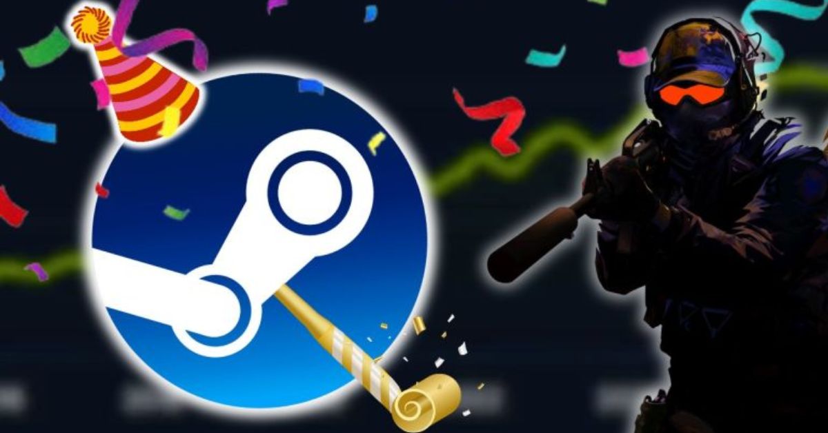 Steam logo with Counter-Strike 2 artwork showing record concurrent player numbers on Valve’s platform