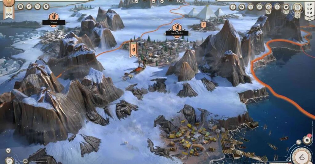 Pyramids covered in snow in Humankind 2, showing how climate change reshapes cultures