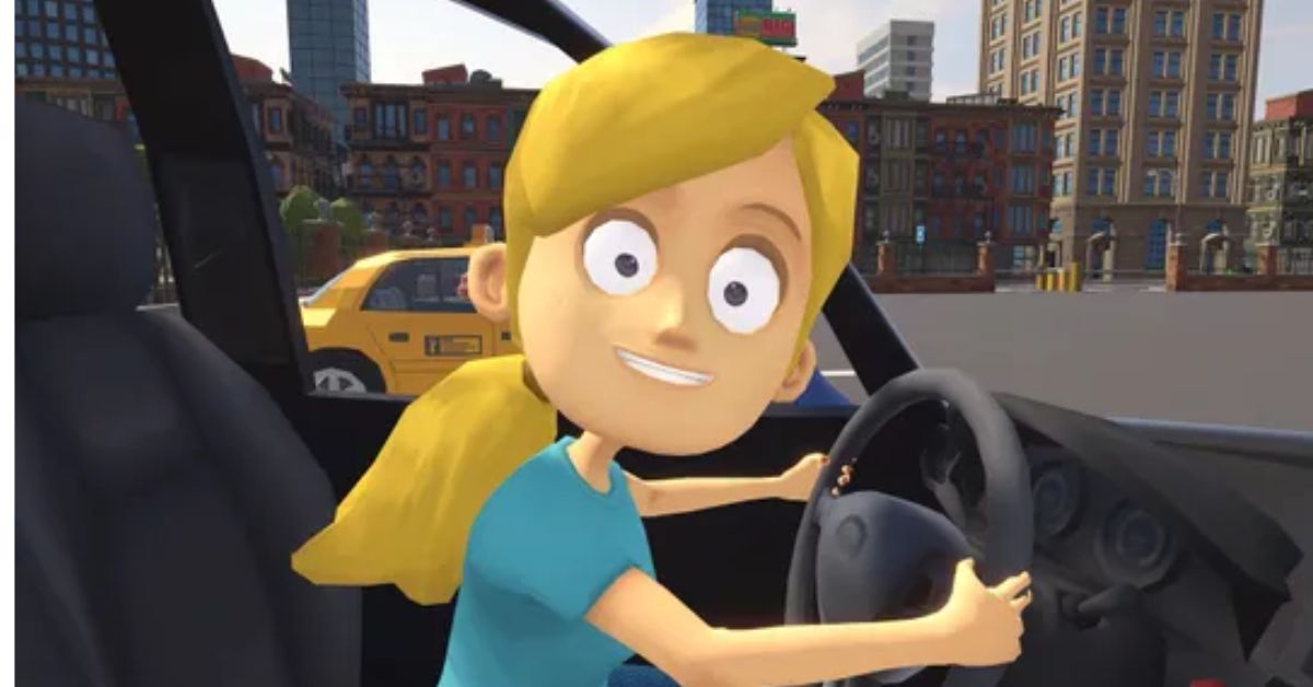 Teach My Little Sister How To Drive screenshot showing the virtual sister with wide eyes at the wheel of a car